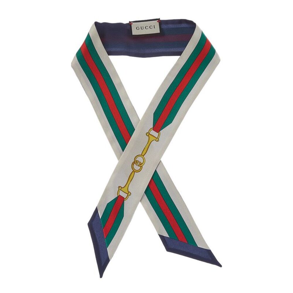 Gucci Interlocking G Horsebit Print Silk Neck Bow, White